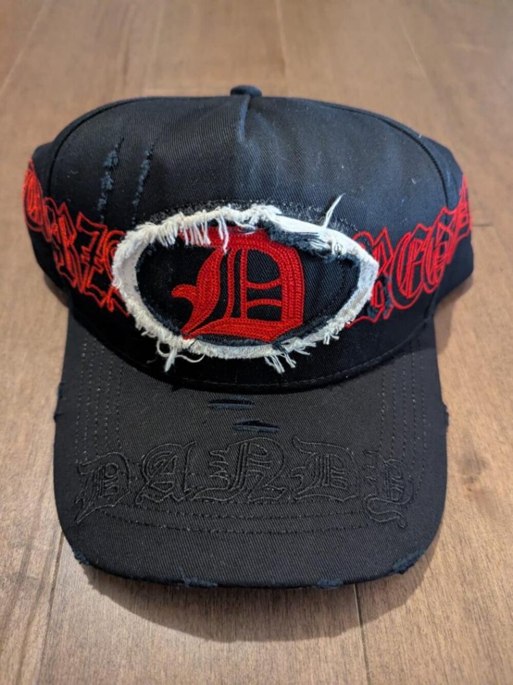 Dandy x Fuerza Regida Limited Collab Snapback Hat Black Red D Logo Distressed